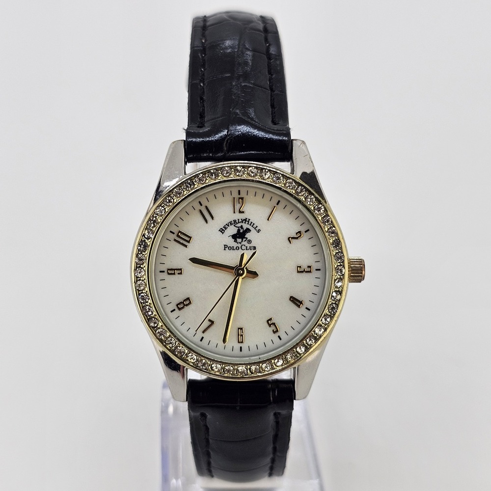 Polo Club Women Analog Watch 33MM Cream MOP Dial Black Leather Bands NEW Battery